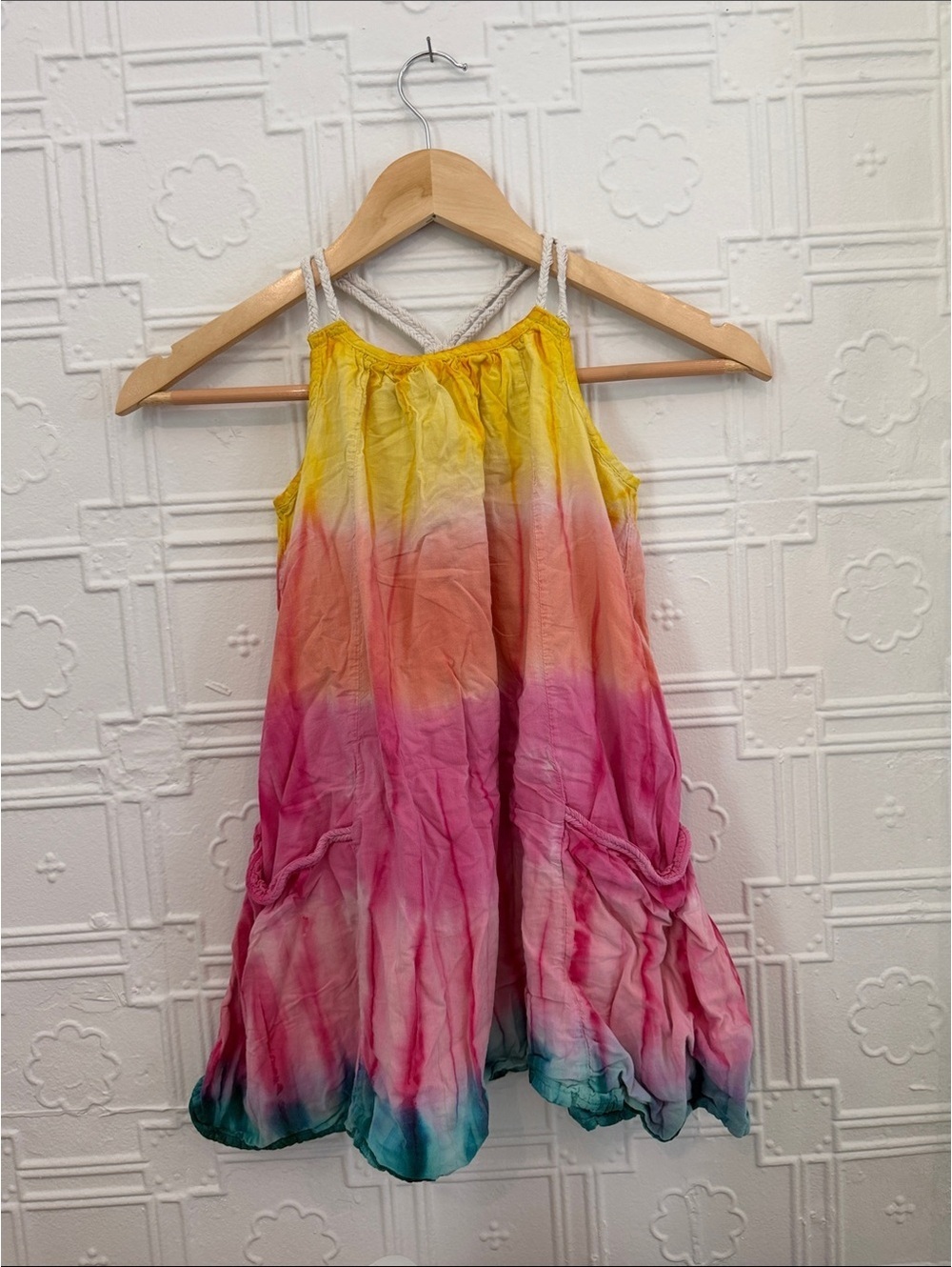 Toddler Girls 5T Tie-Dye Ombre Sundress Yellow Pink Teal Summer Dress